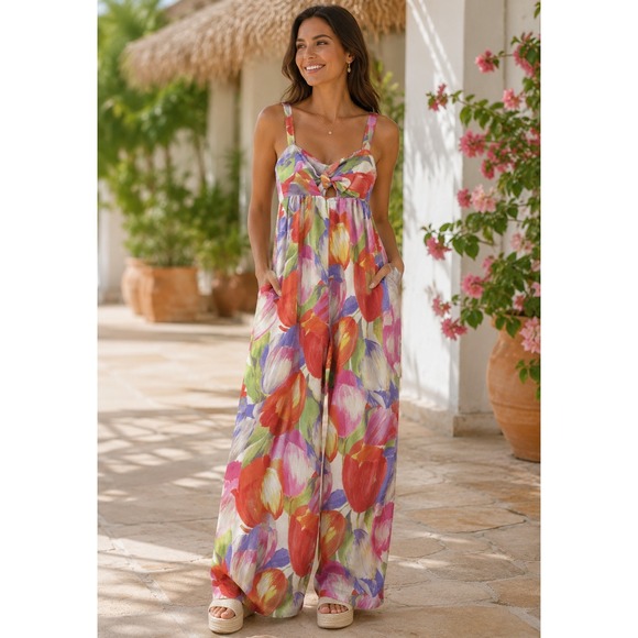 Pepaloves Pants - Pepaloves Playsuit Wide Leg Floral Watercolor Jumpsuit Bow Tie Pocket Resort M